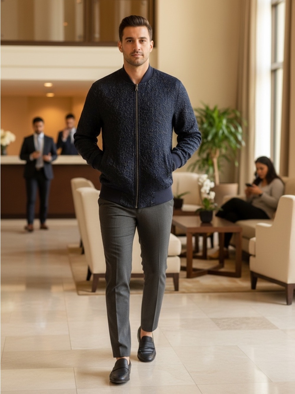 Valiant Navy Jacquard Bomber Jacket with Subtle Sheen - Picture 11 of 11